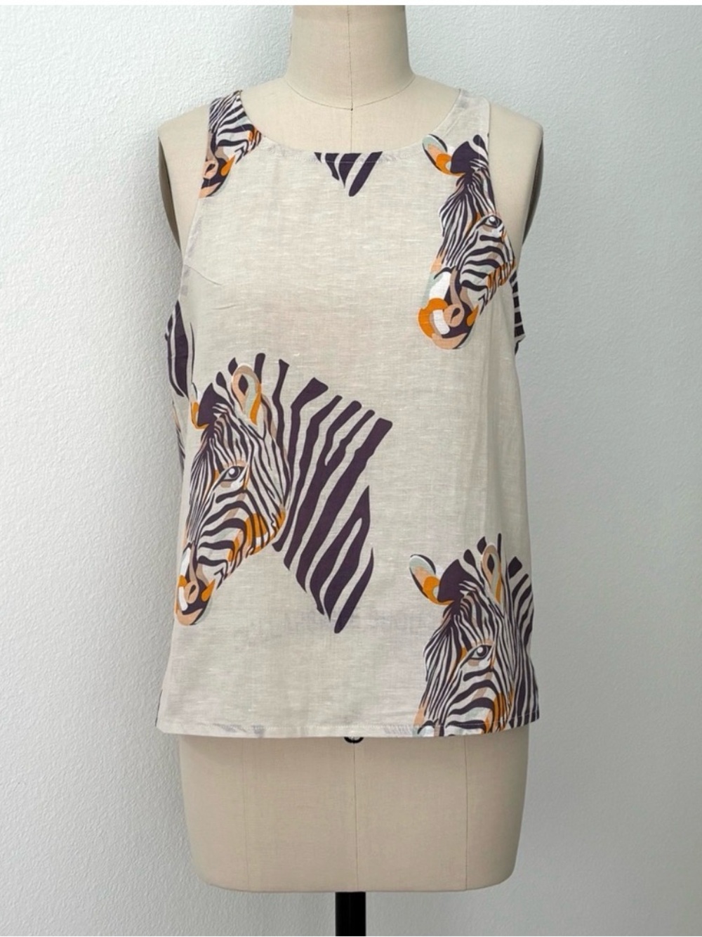 Las Sureñas Graphic Zebra Print Tank Top NWOT Cream Purple Orange Linen Blend L